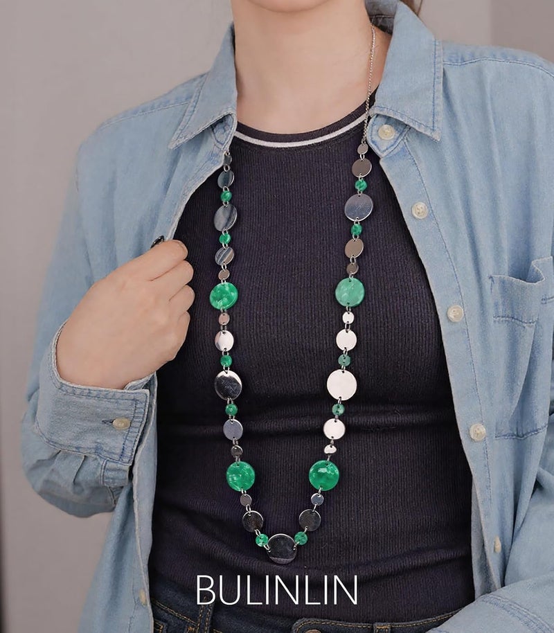 BULINLIN Layered Silver Long Necklace for Women Turquoise Stone Beaded Strand Sweater Chain Necklaces Fashion Costume Jewelry Gifts for Mom - Image 3